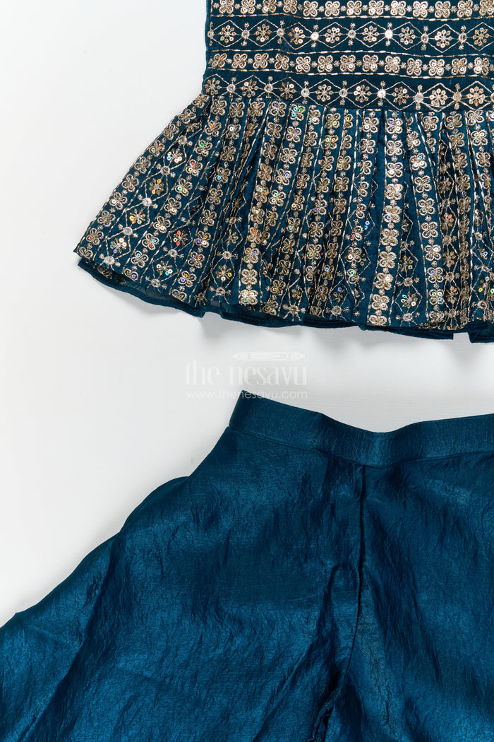 The Nesavu Girls Sharara / Plazo Set Girls Peplum Palazzo Set for Diwali and Cultural Stage Events Nesavu Nesavu girls peplum palazzo set with embroidered blouse for Diwali and cultural celebrations