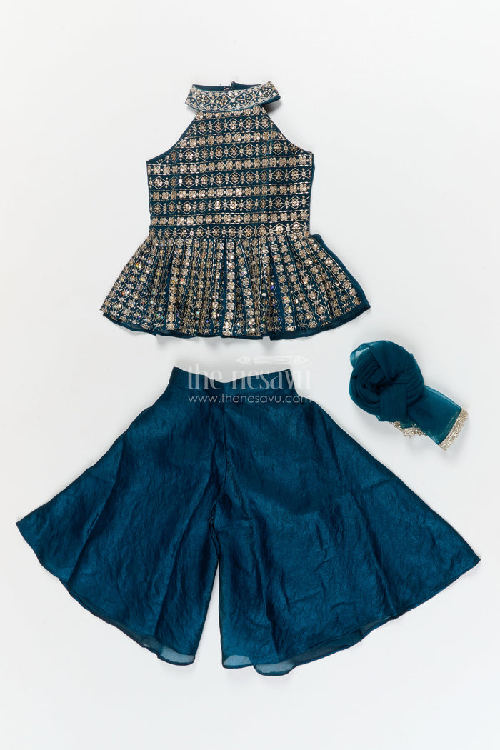 The Nesavu Girls Sharara / Plazo Set Girls Peplum Palazzo Set for Diwali and Cultural Stage Events Nesavu Nesavu girls peplum palazzo set with embroidered blouse for Diwali and cultural celebrations