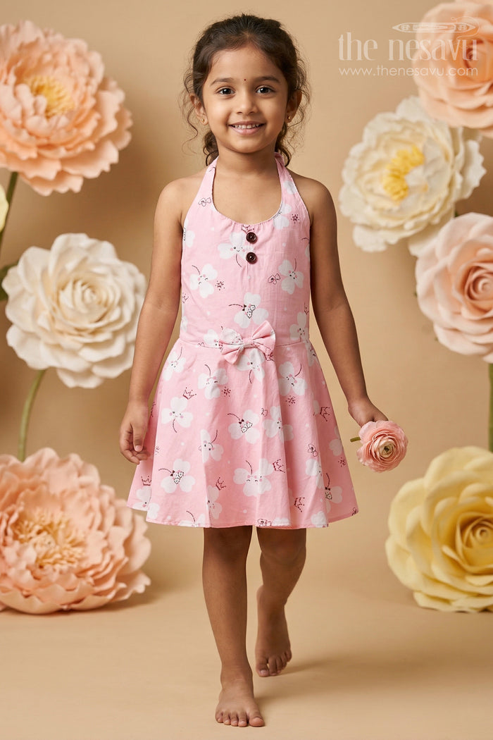 Girls Pink Cartoon Floral Frock with Bow and Pleats for Summer Outings