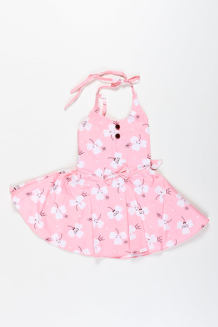 The Nesavu Girls Cotton Frock Girls Pink Cartoon Floral Frock with Bow and Pleats for Summer Outings Nesavu 16 (1Y) / Pink GFC1884A-16 Nesavu Pink Floral Cotton Frock Cartoon Prints Playful Sleeveless Dress Toddler Girls
