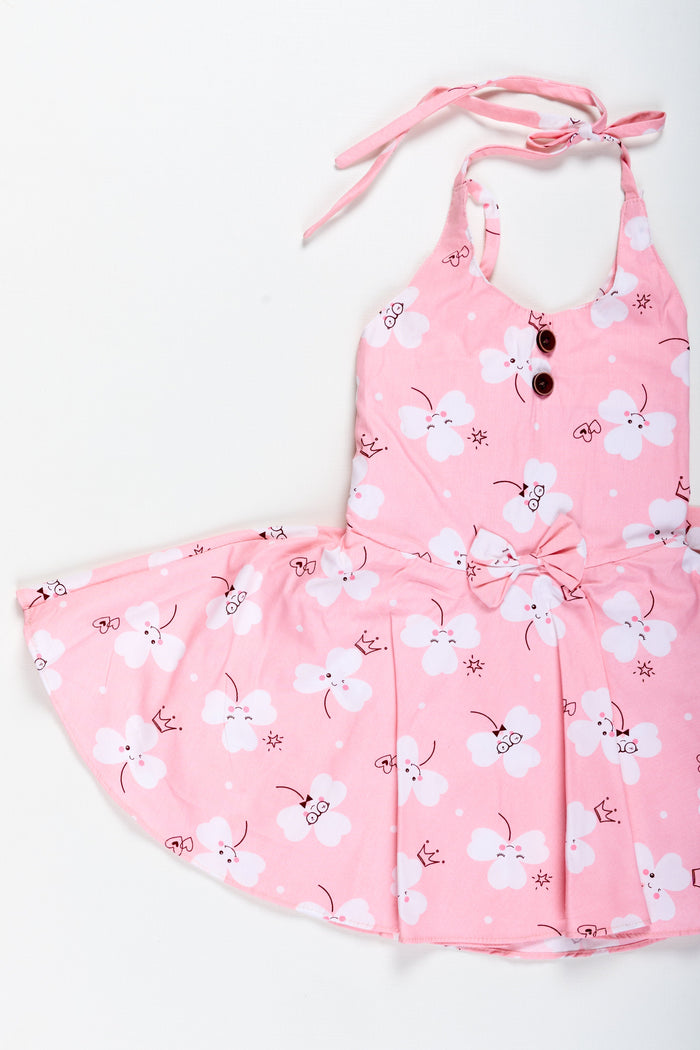 The Nesavu Girls Cotton Frock Girls Pink Cartoon Floral Frock with Bow and Pleats for Summer Outings Nesavu Nesavu Pink Floral Cotton Frock Cartoon Prints Playful Sleeveless Dress Toddler Girls
