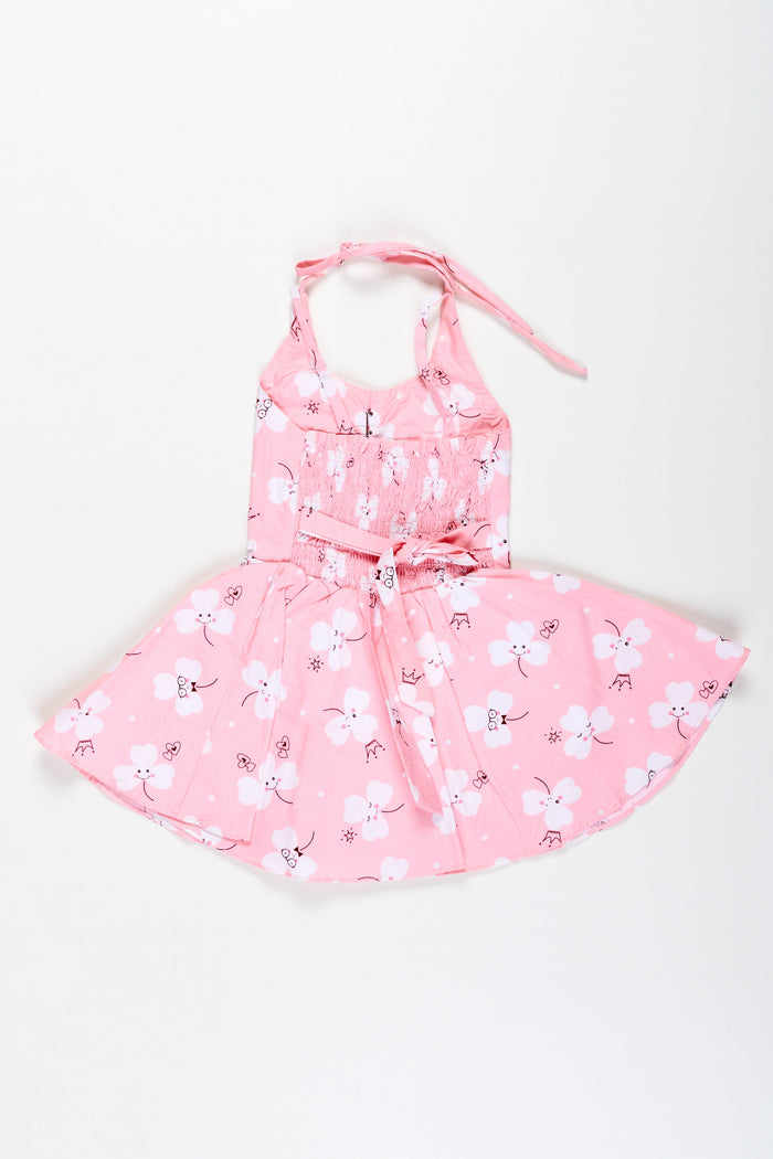 The Nesavu Girls Cotton Frock Girls Pink Cartoon Floral Frock with Bow and Pleats for Summer Outings Nesavu Nesavu Pink Floral Cotton Frock Cartoon Prints Playful Sleeveless Dress Toddler Girls