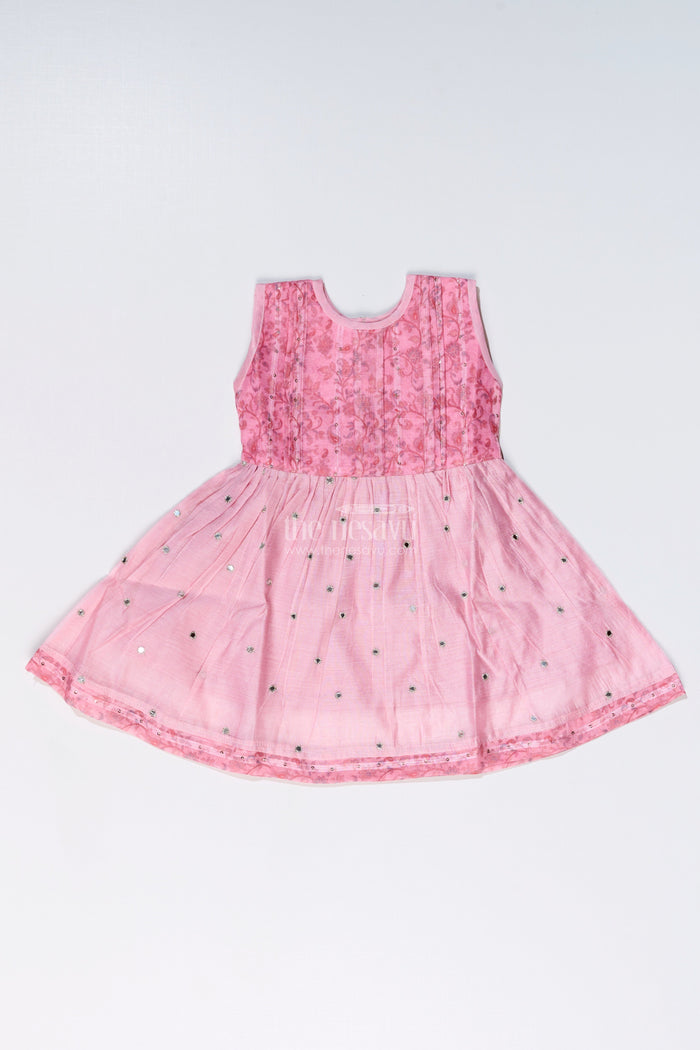 The Nesavu Girls Chanderi Frock Girls Pink Cotton Frock with Embroidery and Chanderi Fabric for Elegant Festive Wear Nesavu 16 (1Y) / Pink GFC995B-16 Girls Pink Cotton Frock Chanderi Fabric Embroidery Print Festive Wear | The Nesavu