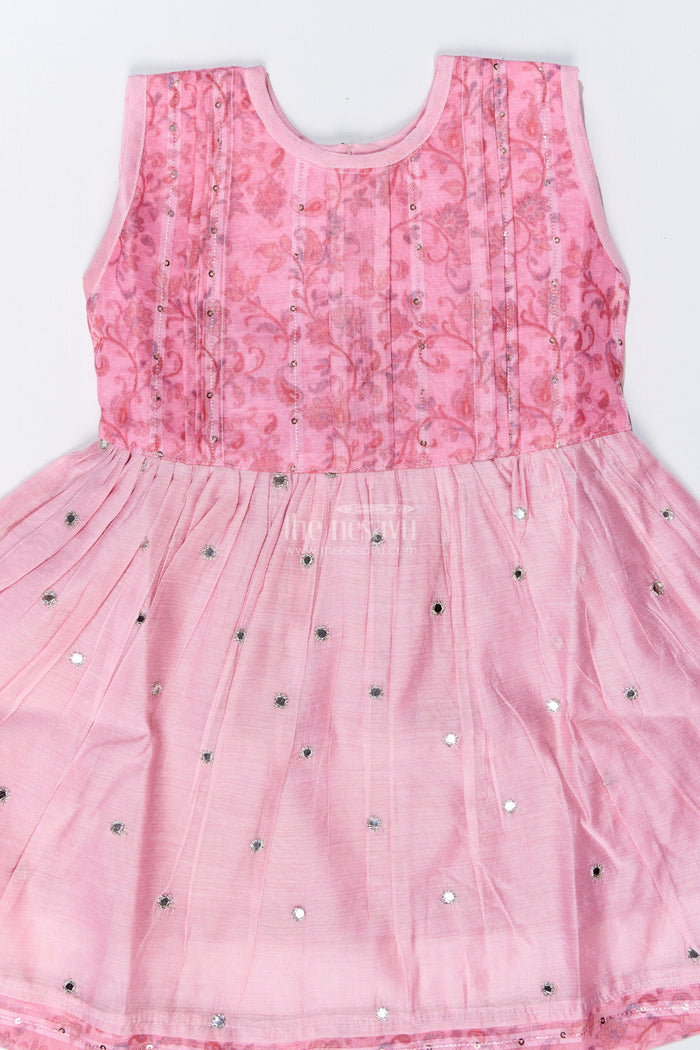 The Nesavu Girls Chanderi Frock Girls Pink Cotton Frock with Embroidery and Chanderi Fabric for Elegant Festive Wear Nesavu Girls Pink Cotton Frock Chanderi Fabric Embroidery Print Festive Wear | The Nesavu