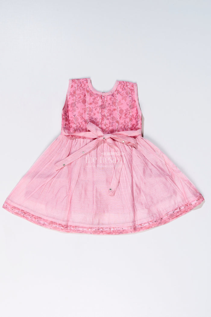 The Nesavu Girls Chanderi Frock Girls Pink Cotton Frock with Embroidery and Chanderi Fabric for Elegant Festive Wear Nesavu Girls Pink Cotton Frock Chanderi Fabric Embroidery Print Festive Wear | The Nesavu