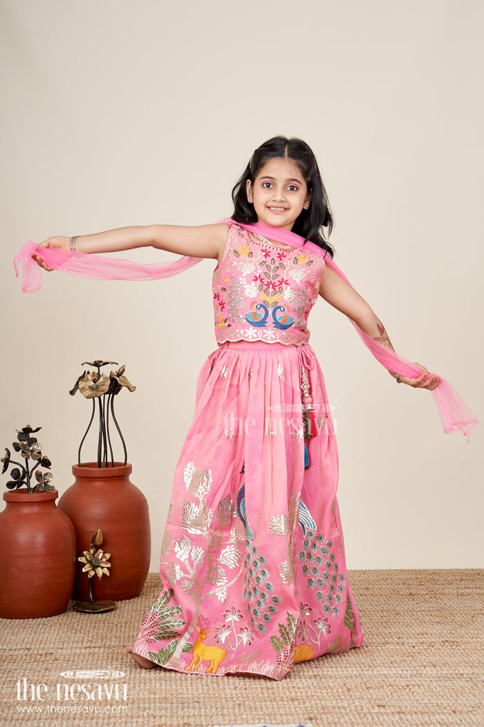 The Nesavu Girls Lehenga Choli Girls Pink Lehenga in Kora Silk Cotton with Peacock Thread Embroidery and Sleeveless Choli Design Nesavu 24 (5Y) / Pink GL650B-24 Nesavu Girls Pink Lehenga Kora Silk Cotton Peacock Embroidery Sleeveless Choli Dupatta
