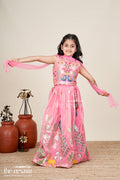 The Nesavu Girls Lehenga Choli Girls Pink Lehenga in Kora Silk Cotton with Peacock Thread Embroidery and Sleeveless Choli Design Nesavu 24 (5Y) / Pink GL650B-24 Nesavu Girls Pink Lehenga Kora Silk Cotton Peacock Embroidery Sleeveless Choli Dupatta