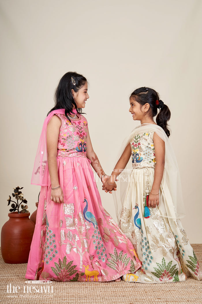 The Nesavu Girls Lehenga Choli Girls Pink Lehenga in Kora Silk Cotton with Peacock Thread Embroidery and Sleeveless Choli Design Nesavu Nesavu Girls Pink Lehenga Kora Silk Cotton Peacock Embroidery Sleeveless Choli Dupatta