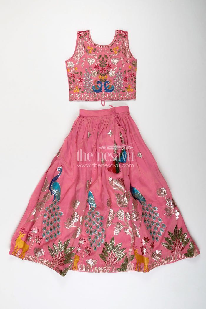 The Nesavu Girls Lehenga Choli Girls Pink Lehenga in Kora Silk Cotton with Peacock Thread Embroidery and Sleeveless Choli Design Nesavu Nesavu Girls Pink Lehenga Kora Silk Cotton Peacock Embroidery Sleeveless Choli Dupatta