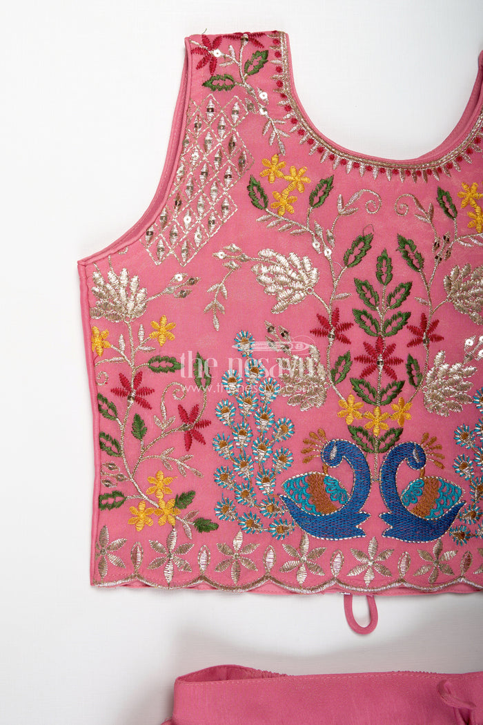 The Nesavu Girls Lehenga Choli Girls Pink Lehenga in Kora Silk Cotton with Peacock Thread Embroidery and Sleeveless Choli Design Nesavu Nesavu Girls Pink Lehenga Kora Silk Cotton Peacock Embroidery Sleeveless Choli Dupatta