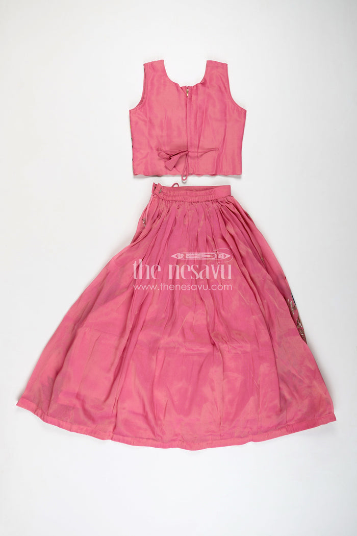 The Nesavu Girls Lehenga Choli Girls Pink Lehenga in Kora Silk Cotton with Peacock Thread Embroidery and Sleeveless Choli Design Nesavu Nesavu Girls Pink Lehenga Kora Silk Cotton Peacock Embroidery Sleeveless Choli Dupatta