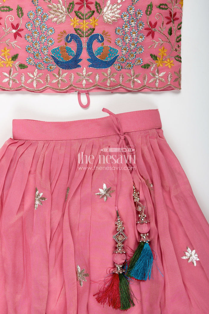 The Nesavu Girls Lehenga Choli Girls Pink Lehenga in Kora Silk Cotton with Peacock Thread Embroidery and Sleeveless Choli Design Nesavu Nesavu Girls Pink Lehenga Kora Silk Cotton Peacock Embroidery Sleeveless Choli Dupatta