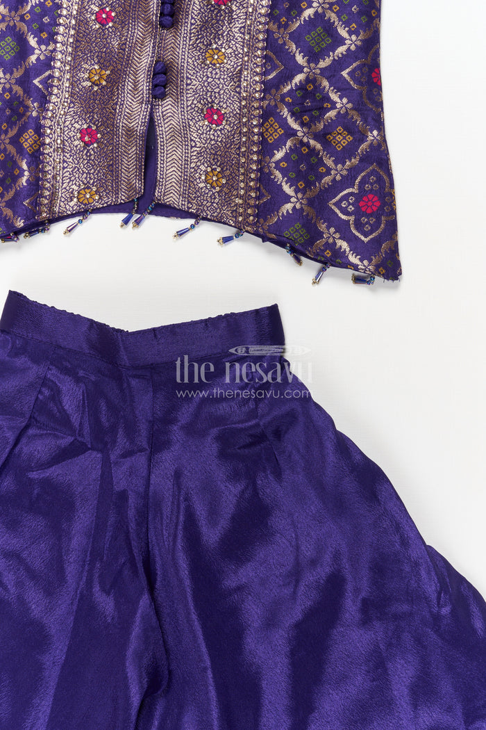 The Nesavu Girls Sharara / Plazo Set Girls Plazo Set with Mirror Work Blouse for Weddings and Festive Occasions Nesavu Nesavu girls plazo set with embroidered mirror blouse and dupatta for weddings and festive events