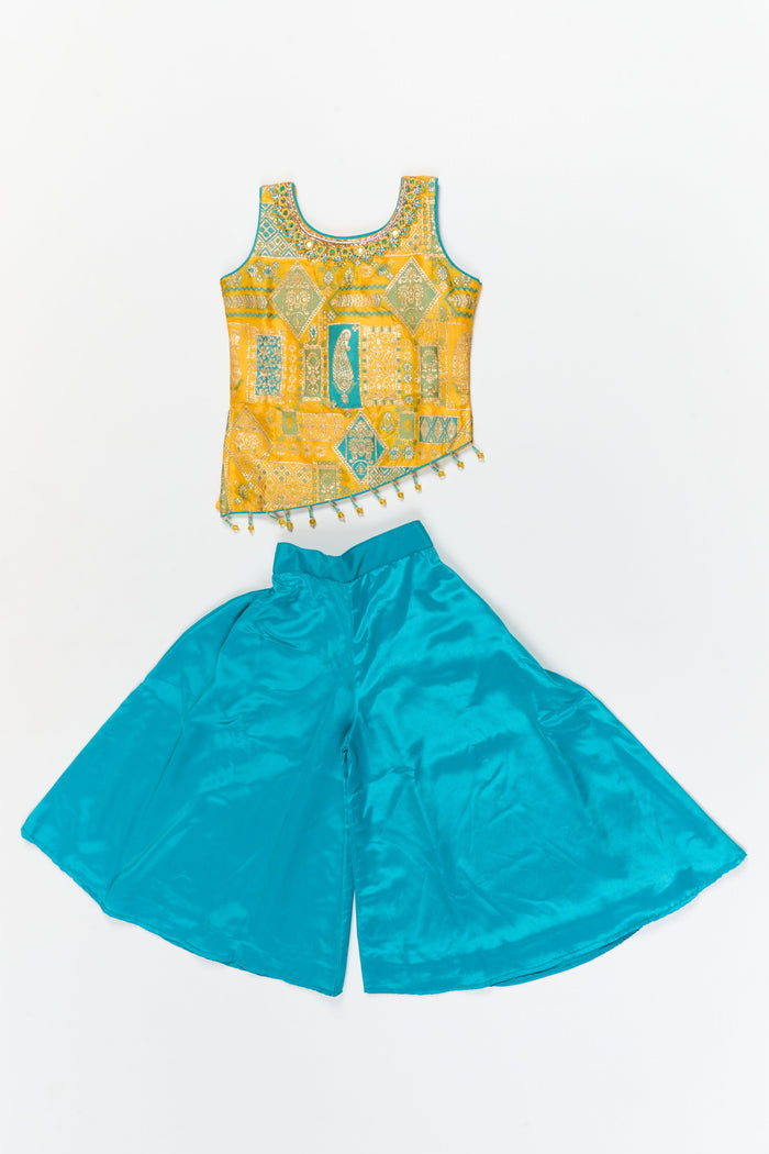 The Nesavu Girls Sharara / Plazo Set Girls Plazo Set with Zari Yoke for Festive and Ethnic School Days Nesavu 18 (2Y) / Yellow / Georgette GPS957A-18 Nesavu plazo set for girls with zari embroidered yoke and dupatta – ideal for festivals and ethnic school programs