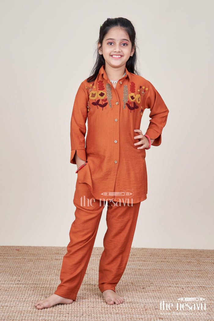 The Nesavu Girls Co-Ord Sets Girls Plazzo Kurta Set with Floral Embroidery for Everyday Ethnic Wear Nesavu Nesavu girls floral embroidery plazzo set viscose  perfect ethnic day casual occasions