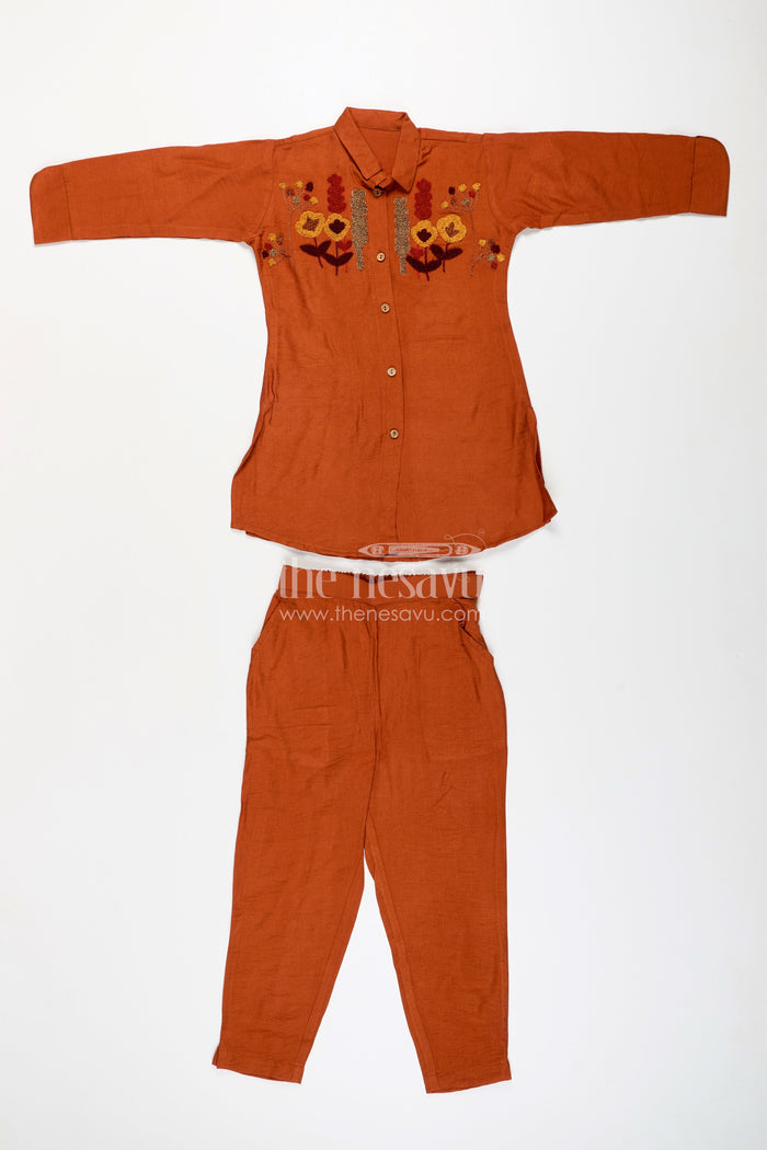 The Nesavu Girls Co-Ord Sets Girls Plazzo Kurta Set with Floral Embroidery for Everyday Ethnic Wear Nesavu Nesavu girls floral embroidery plazzo set viscose  perfect ethnic day casual occasions