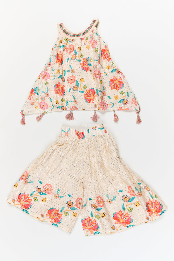 The Nesavu Girls Sharara / Plazo Set Girls Printed Sharara Set for Haldi, Birthday and Festive Gatherings Nesavu 16 (1Y) / Half white / Chiffon GPS945A-16 Nesavu girls chinon silk printed sharara set for haldi, birthdays and festive gatherings