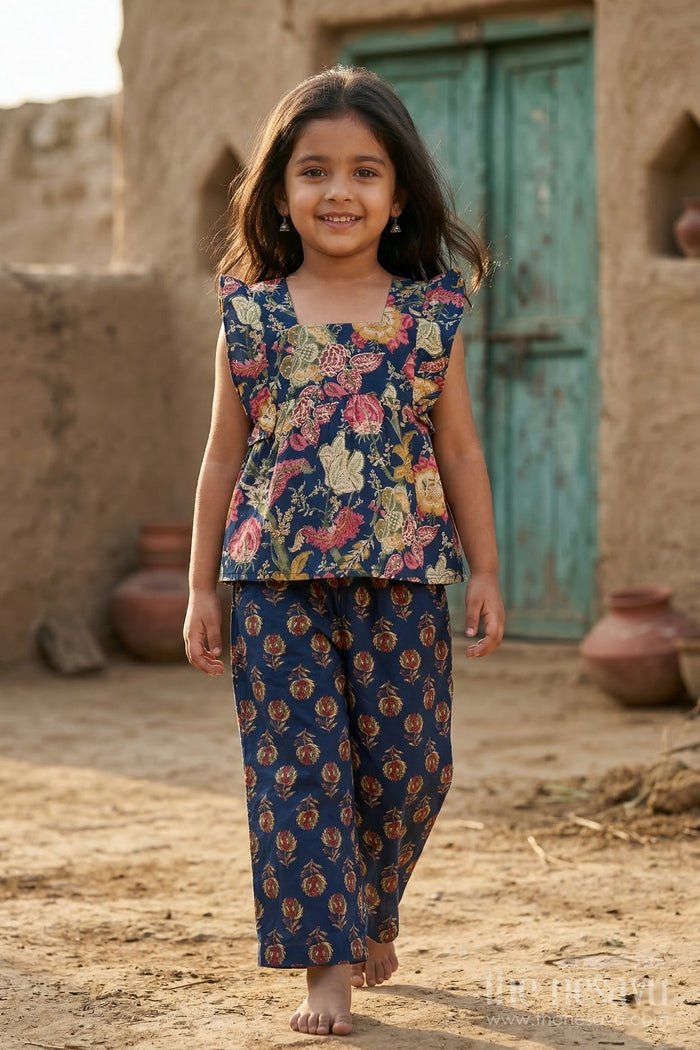 The Nesavu Girls Co-Ord Sets Girls Printed Wide Leg Pants Set for Weekend Outings Nesavu 16 (1Y) / Multicolor / Cotton GCS008A-16 Nesavu Girls Printed Cotton Wide Leg Co Ord Set For Weekend Outings