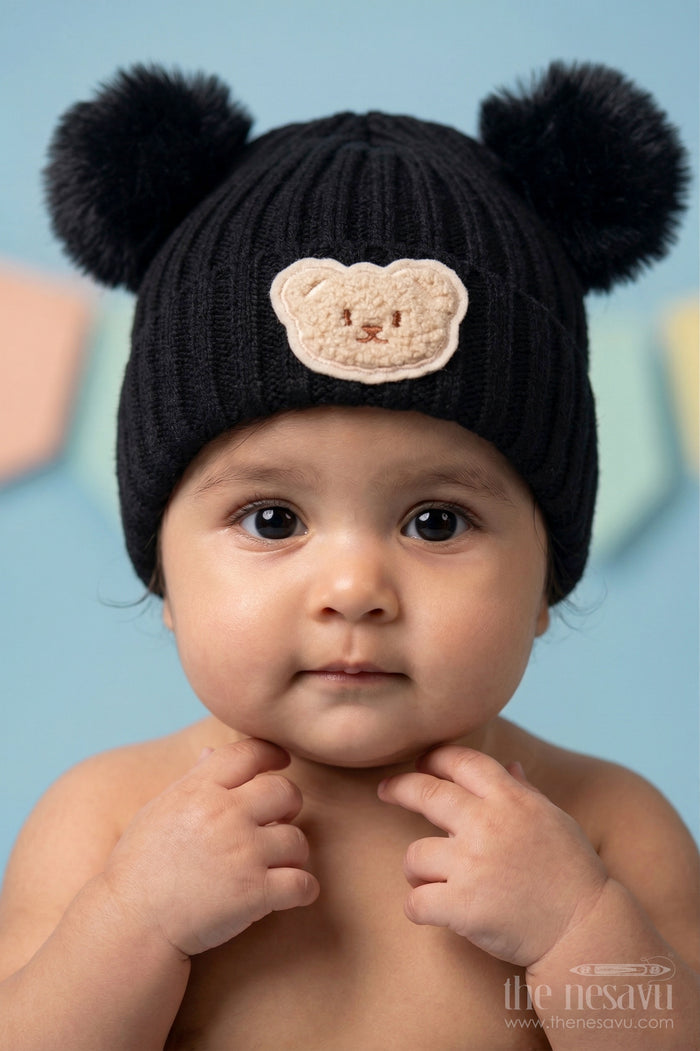 The Nesavu Baby Accessories Girls Rib Knit Beanie Cap for Everyday Street Style Nesavu Black / Rib Knit IA001E-8 Nesavu Girls Black Rib Knit Beanie Cap For Stylish Daily Wear | New Born To 6 Months
