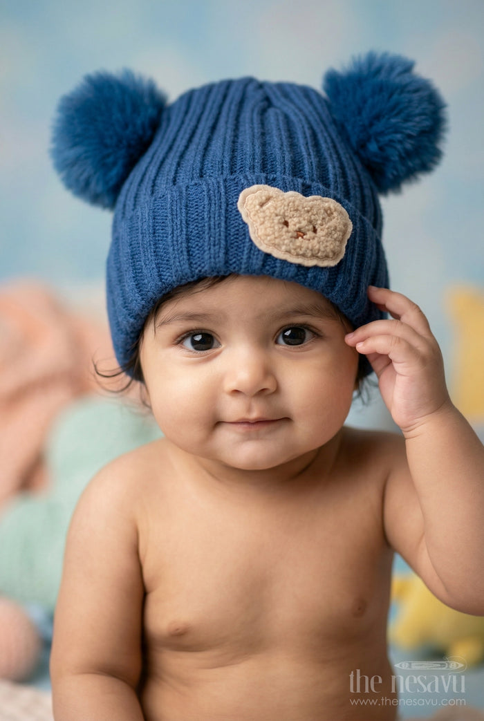 The Nesavu Baby Accessories Girls Rib Knit Beanie Cap for Stylish Casual Outfits Nesavu Blue / Rib Knit IA001D-8 Nesavu Girls Blue Rib Knit Beanie Cap For Trendy Casual Styling | New Born To 14 Years