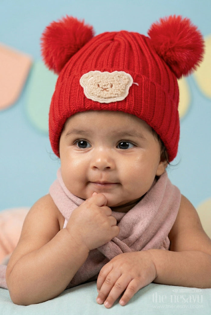 The Nesavu Baby Accessories Girls Rib Knit Beanie Cap for Trendy Everyday Outfits Nesavu Red / Rib Knit IA001B-8 Nesavu Girls Red Rib Knit Beanie Cap For Stylish Casual Wear | New Born To 14 Years
