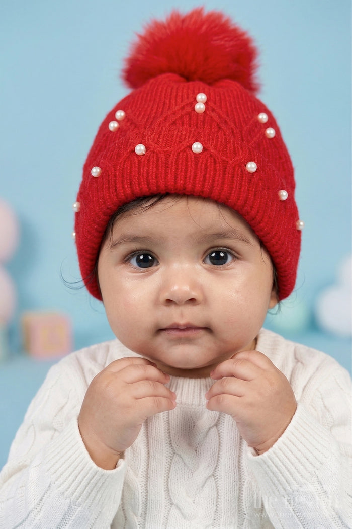 The Nesavu Baby Accessories Girls Rib Knit Beanie Cap with Pom Pom and Pearls Nesavu Red / Rib Knit IA003C-8 Nesavu Girls Red Rib Knit Beanie Cap With Pom Pom And Pearls | New Born To 6 Months