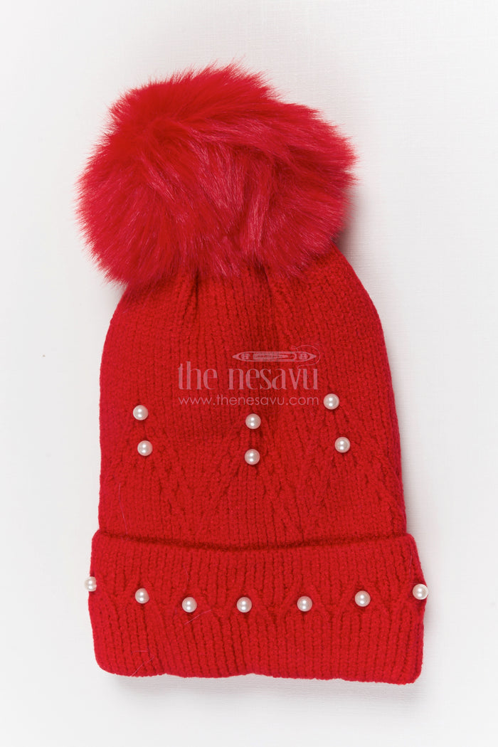 The Nesavu Baby Accessories Girls Rib Knit Beanie Cap with Pom Pom and Pearls Nesavu Red / Rib Knit IA003C-8 Nesavu Girls Red Rib Knit Beanie Cap With Pom Pom And Pearls | New Born To 6 Months