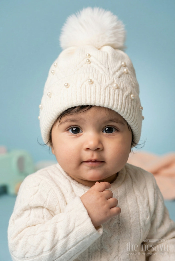 The Nesavu Baby Accessories Girls Rib Knit Beanie Cap with Pom Pom Detail Nesavu Half white / Rib Knit IA003D-8 Nesavu Girls Half White Rib Knit Beanie Cap With Pom Pom | New Born To 6 Months
