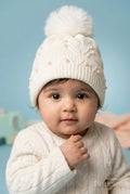 The Nesavu Baby Accessories Girls Rib Knit Beanie Cap with Pom Pom Detail Nesavu Half white / Rib Knit IA003D-8 Nesavu Girls Half White Rib Knit Beanie Cap With Pom Pom | New Born To 6 Months