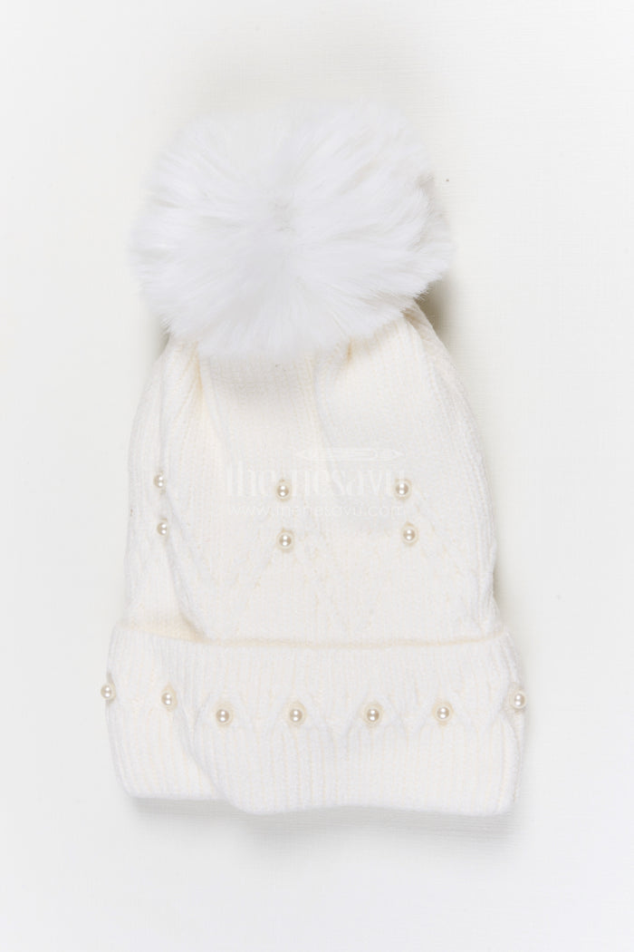 The Nesavu Baby Accessories Girls Rib Knit Beanie Cap with Pom Pom Detail Nesavu Half white / Rib Knit IA003D-8 Nesavu Girls Half White Rib Knit Beanie Cap With Pom Pom | New Born To 6 Months
