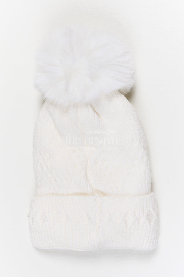 The Nesavu Baby Accessories Girls Rib Knit Beanie Cap with Pom Pom Detail Nesavu Half white / Rib Knit IA003D-8 Nesavu Girls Half White Rib Knit Beanie Cap With Pom Pom | New Born To 6 Months