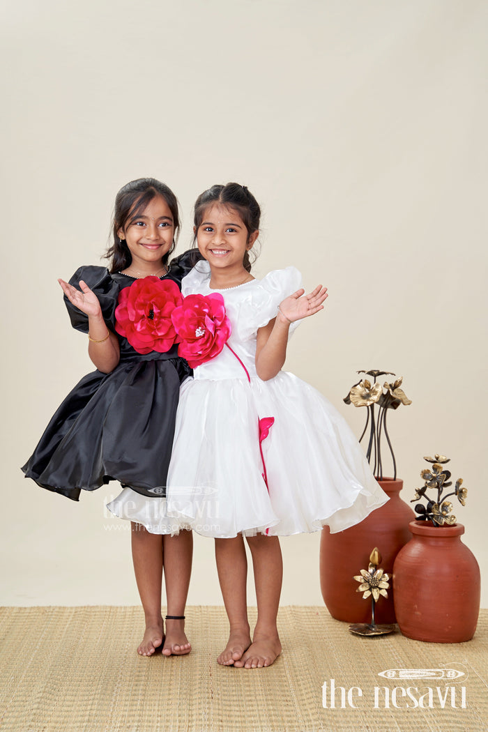 The Nesavu Girls Fancy Party Frock Girls Satin New Simple Frock Design with Puffy Sleeves and Oversized Floral Embellishment Nesavu Nesavu Girls White Satin Party Frock Puffy Sleeves Pink Flower new simple frock design