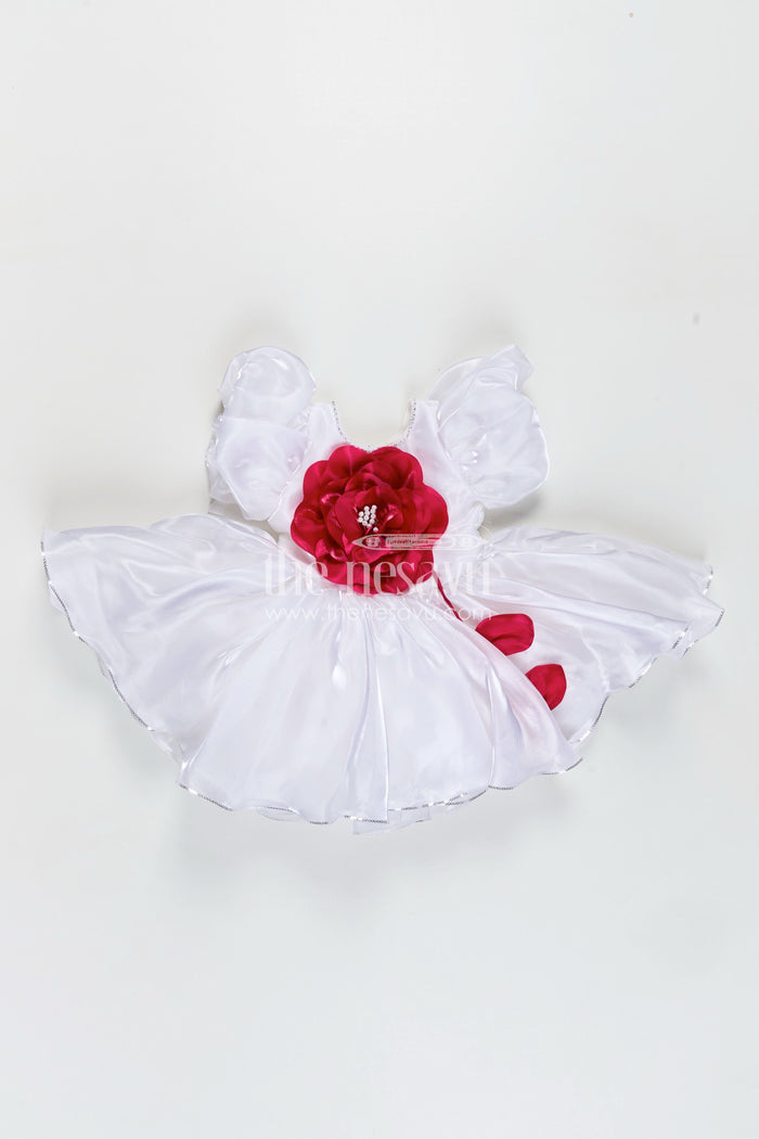 The Nesavu Girls Fancy Party Frock Girls Satin new simple frock design with Puffy Sleeves and Oversized Floral Embellishment Nesavu Nesavu Girls White Satin Party Frock Puffy Sleeves Pink Flower new simple frock design