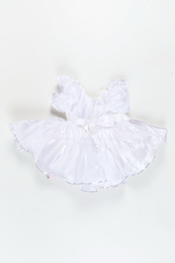 The Nesavu Girls Fancy Party Frock Girls Satin new simple frock design with Puffy Sleeves and Oversized Floral Embellishment Nesavu Nesavu Girls White Satin Party Frock Puffy Sleeves Pink Flower new simple frock design