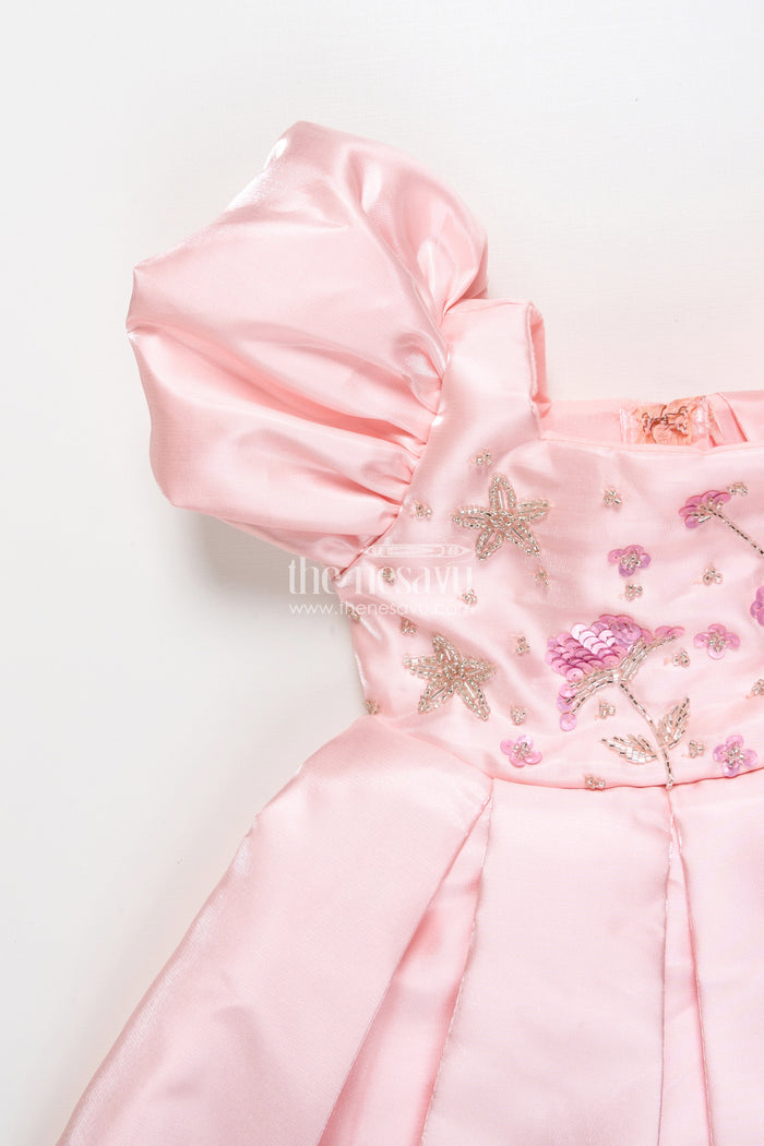 The Nesavu Girls Fancy Party Frock Girls Satin Party Frock with Puff Sleeves and Pleated Skirt Nesavu Nesavu satin party dress girls puff sleeves