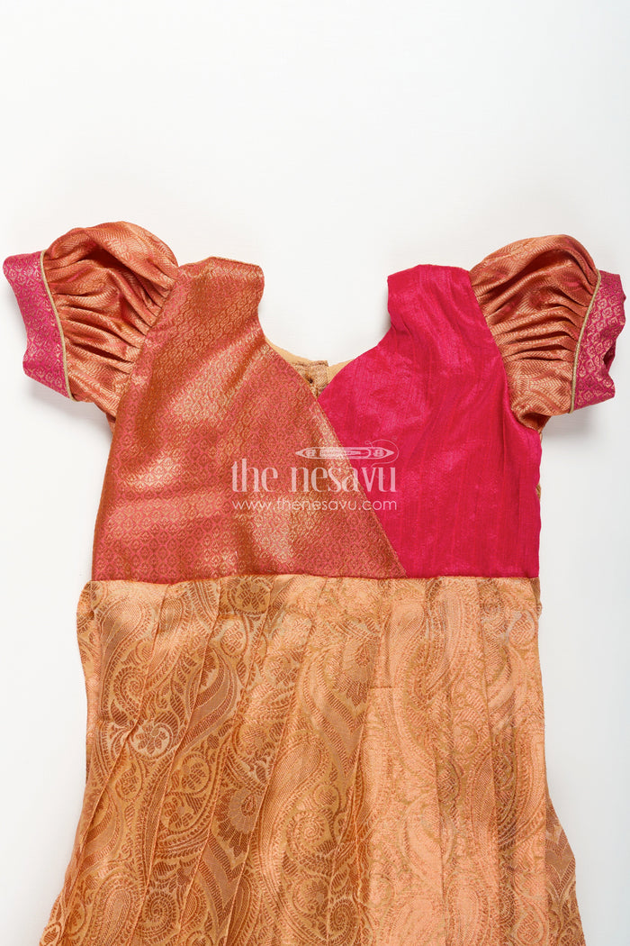 The Nesavu Silk Frock Girls Semi Silk Dress Frock Silk with Pin-Tuck Yoke and Rich Orange Gold Pleated Skirt Nesavu Nesavu Girls Semi Silk Dress Frock Silk Orange Gold Pleats Magenta Pin-Tuck Yoke