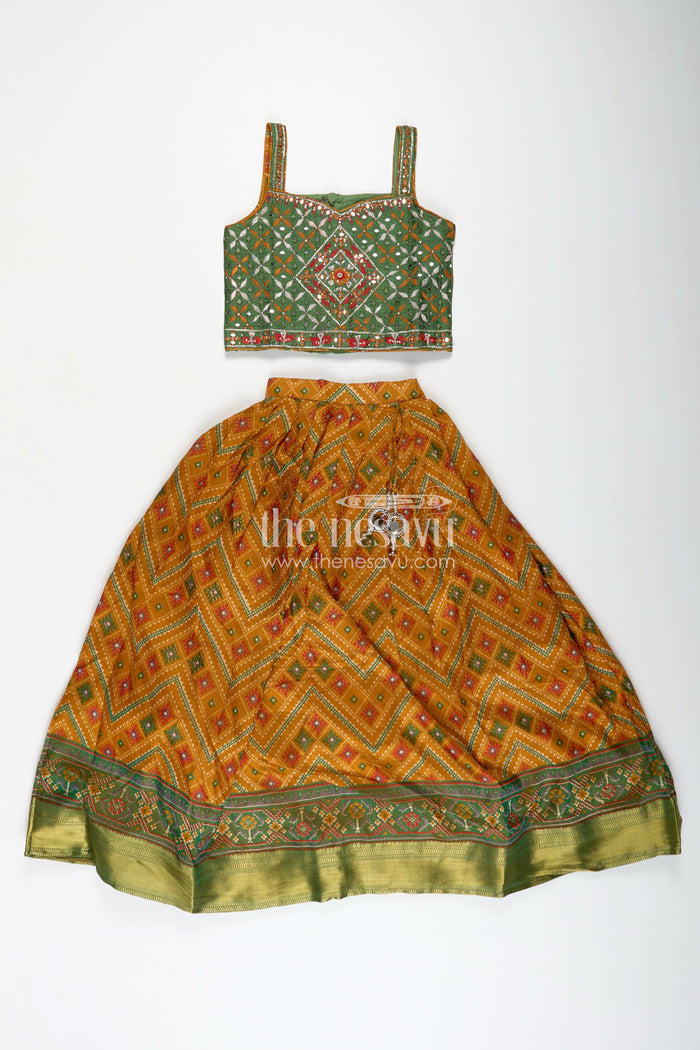 The Nesavu Girls Lehenga Choli Girls Semi Silk Green Lehenga Wedding Set with Mirror Embroidery and Printed Skirt for Festive Style Nesavu Nesavu Girls Semi Silk Mirror Embroidered Choli Set Printed Skirt green lehenga wedding Look