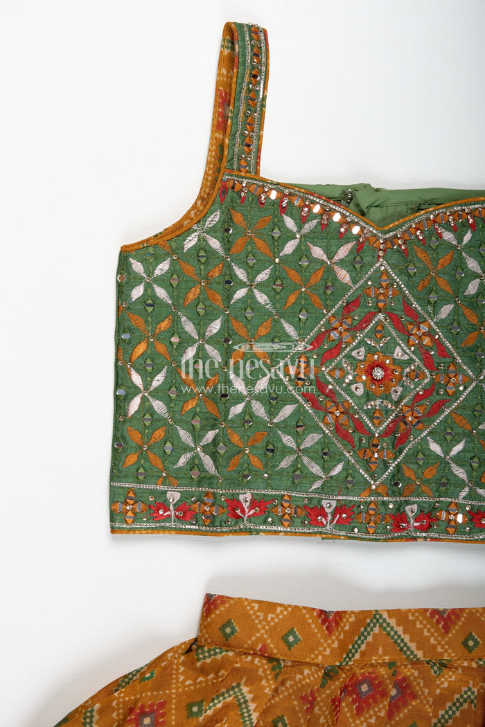 The Nesavu Girls Lehenga Choli Girls Semi Silk Green Lehenga Wedding Set with Mirror Embroidery and Printed Skirt for Festive Style Nesavu Nesavu Girls Semi Silk Mirror Embroidered Choli Set Printed Skirt green lehenga wedding Look