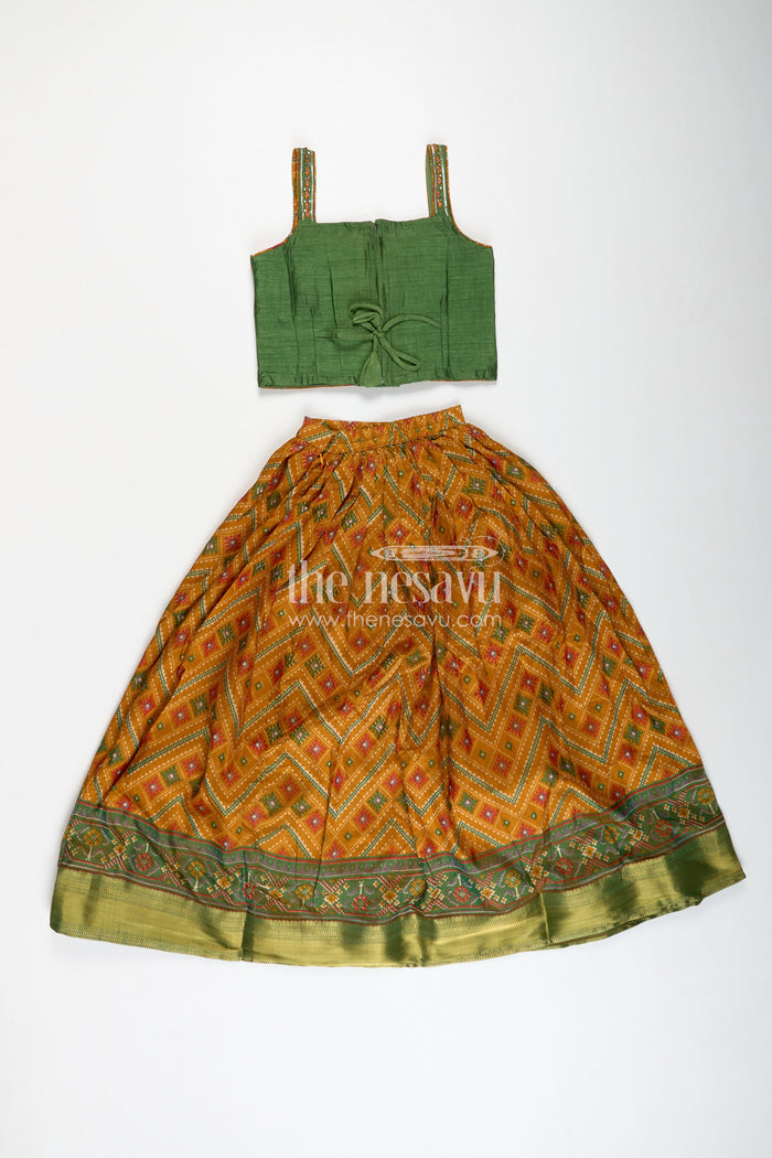The Nesavu Girls Lehenga Choli Girls Semi Silk Green Lehenga Wedding Set with Mirror Embroidery and Printed Skirt for Festive Style Nesavu Nesavu Girls Semi Silk Mirror Embroidered Choli Set Printed Skirt green lehenga wedding Look