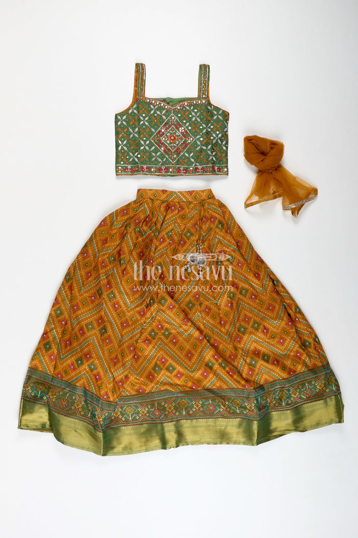 The Nesavu Girls Lehenga Choli Girls Semi Silk Green Lehenga Wedding Set with Mirror Embroidery and Printed Skirt for Festive Style Nesavu Nesavu Girls Semi Silk Mirror Embroidered Choli Set Printed Skirt green lehenga wedding Look