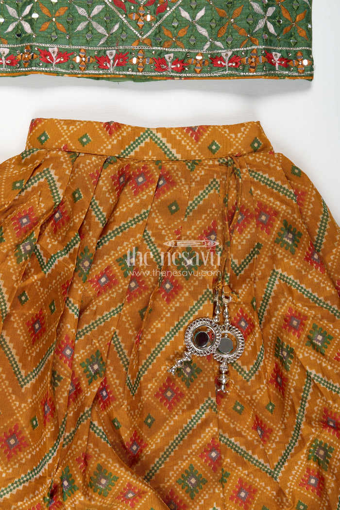 The Nesavu Girls Lehenga Choli Girls Semi Silk Green Lehenga Wedding Set with Mirror Embroidery and Printed Skirt for Festive Style Nesavu Nesavu Girls Semi Silk Mirror Embroidered Choli Set Printed Skirt green lehenga wedding Look