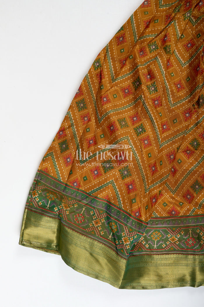 The Nesavu Girls Lehenga Choli Girls Semi Silk Green Lehenga Wedding Set with Mirror Embroidery and Printed Skirt for Festive Style Nesavu Nesavu Girls Semi Silk Mirror Embroidered Choli Set Printed Skirt green lehenga wedding Look