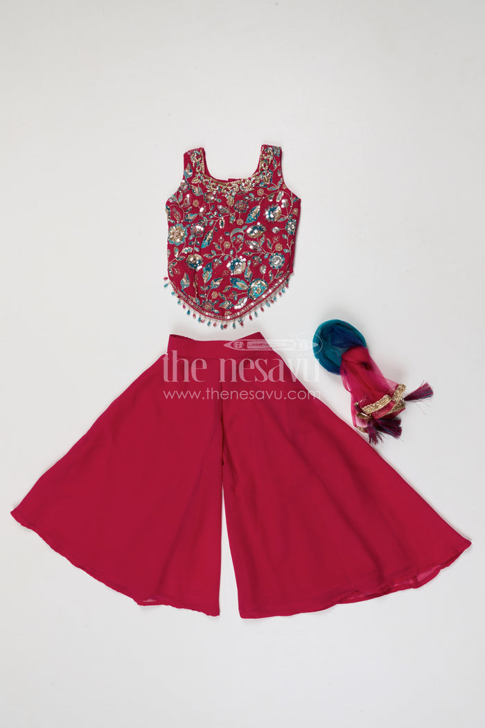 The Nesavu Girls Sharara / Plazo Set Girls Sharara for Festive Celebrations and Family Events Nesavu Nesavu girls sharara set for festive celebrations and weddings georgette outfit with designer yoke