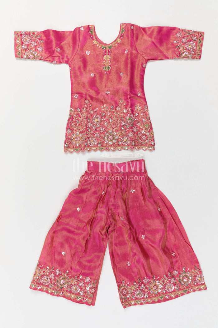 The Nesavu Girls Sharara / Plazo Set Girls Sharara Outfit for Weddings and Festive Celebrations Nesavu Nesavu Girls Sharara Outfit For Weddings With Viscose Silk And Designer Embroidery Festive Set