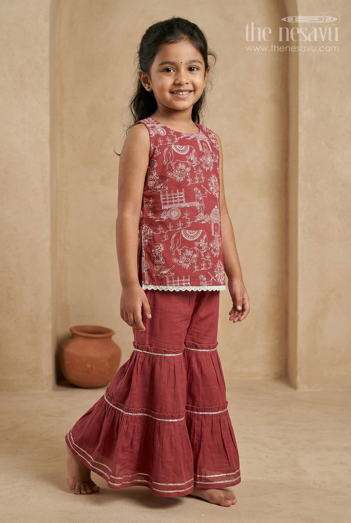 The Nesavu Girls Sharara / Plazo Set Girls Sharara Outfit for Weddings and Festive Occasions Nesavu 18 (2Y) / Maroon / Silk GPS1028B-18 Nesavu Girls Sharara Outfit For Weddings And Festive Occasions With Silk Crepe And Embroidered Design