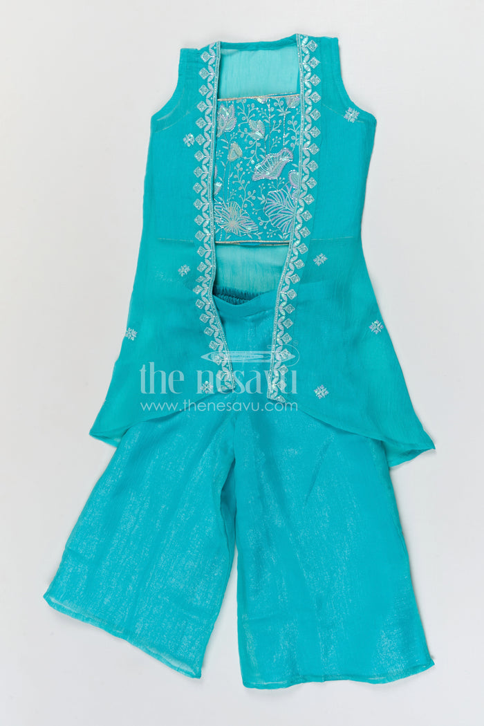 The Nesavu Girls Sharara / Plazo Set Girls Sharara Palazzo Set for Festive Functions and Wedding Events Nesavu 22 (4Y) / Turquoise / Silk GPS1012A-22 Nesavu girls silk crepe sharara palazzo set with designer embroidery for weddings and festive occasions