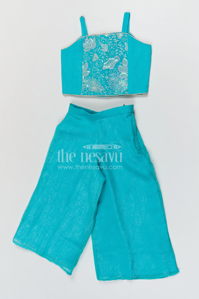 The Nesavu Girls Sharara / Plazo Set Girls Sharara Palazzo Set for Festive Functions and Wedding Events Nesavu Nesavu girls silk crepe sharara palazzo set with designer embroidery for weddings and festive occasions