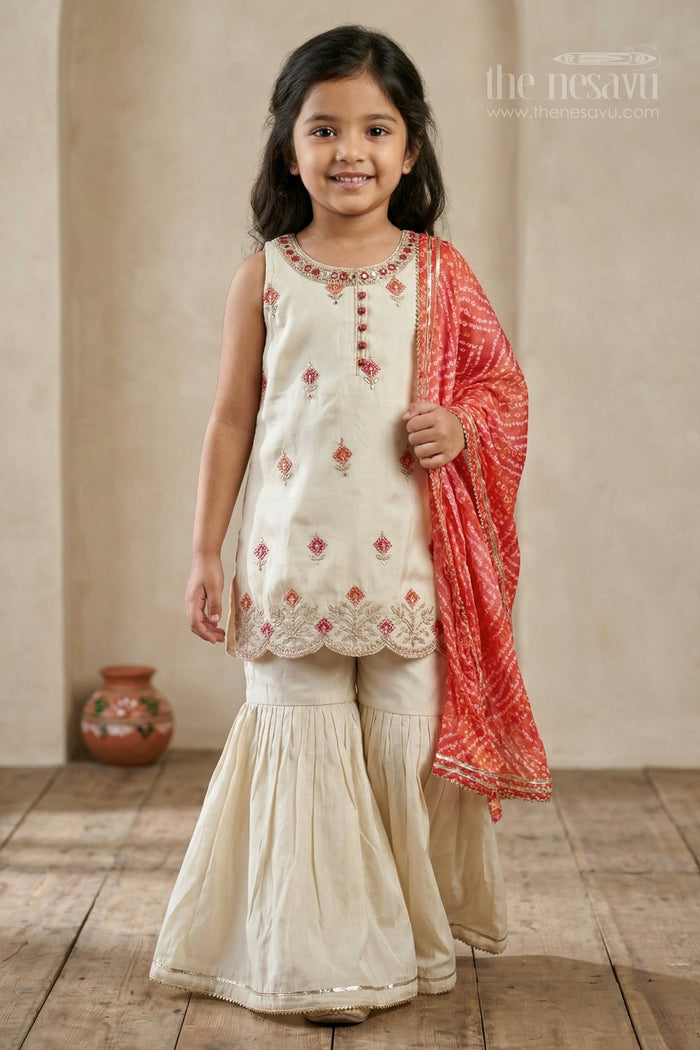 The Nesavu Girls Sharara / Plazo Set Girls Sharara Palazzo Set for Festive Occasions and Wedding Celebrations Nesavu 22 (4Y) / Half white / Viscose Silk GPS1013A-22 Nesavu girls viscose silk sharara palazzo set with embroidered yoke for festive and wedding occasions
