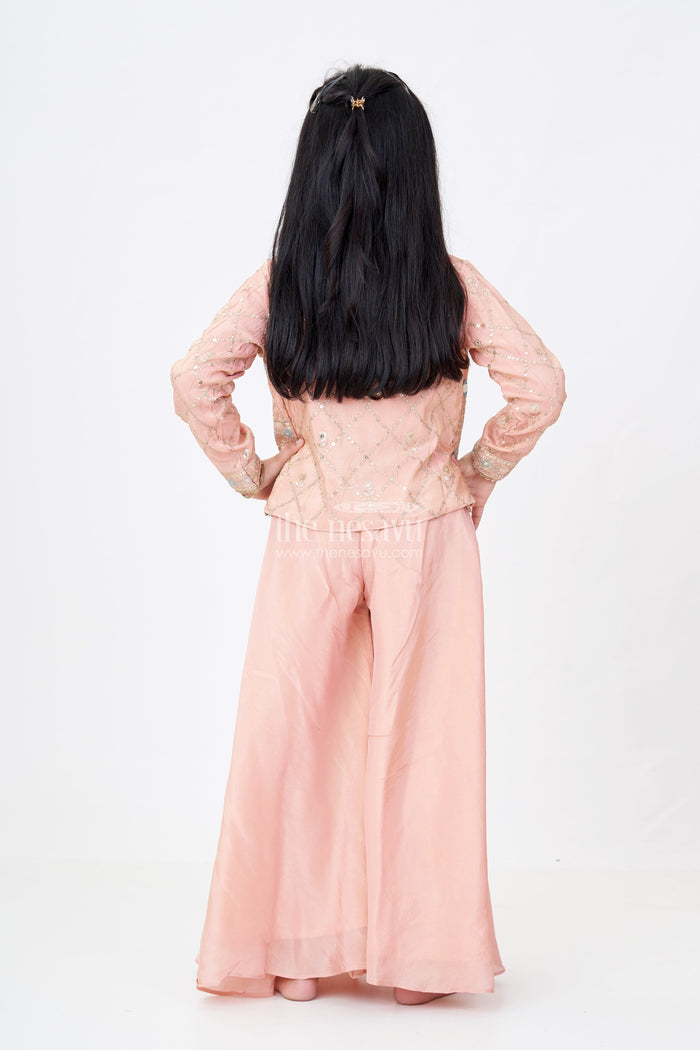 The Nesavu Girls Sharara / Plazo Set Girls Sharara Plazo Set with Embellished Jacket and Flowy Pants in Peach Nesavu Nesavu Girls Peach Sharara Plazo Set Embellished Jacket Flowy Pants