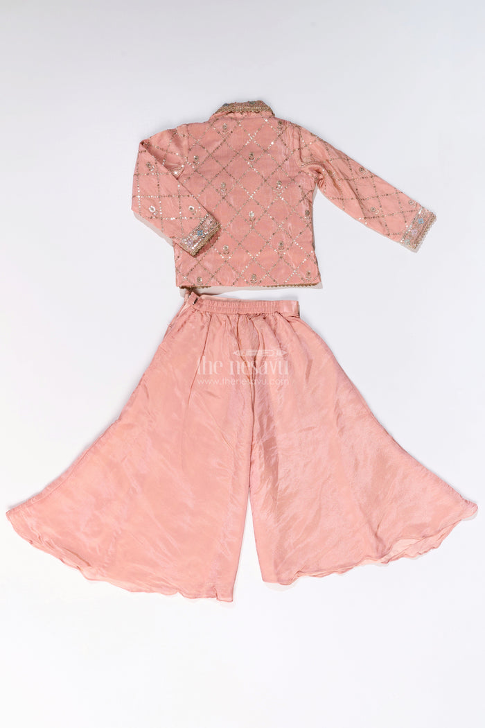 The Nesavu Girls Sharara / Plazo Set Girls Sharara Plazo Set with Embellished Jacket and Flowy Pants in Peach Nesavu Nesavu Girls Peach Sharara Plazo Set Embellished Jacket Flowy Pants